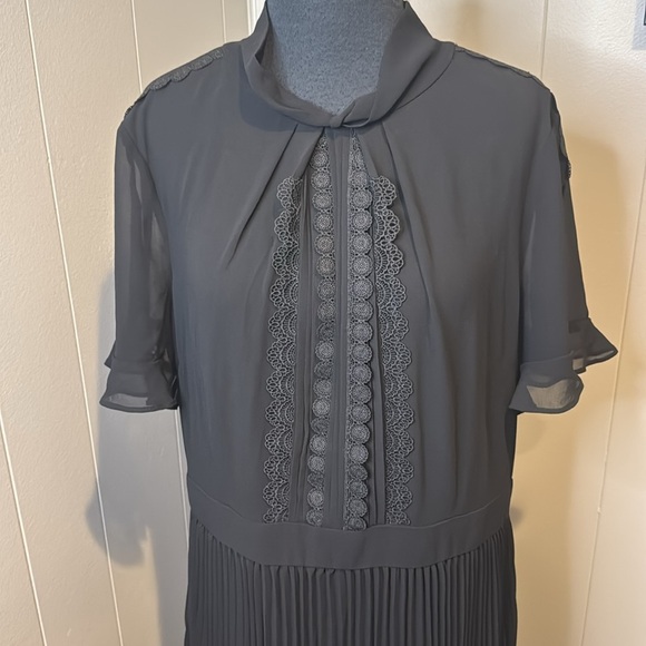 Talbots sheer black crepe lined pleated skirt lace & pintuck bodice midi. NWT. - Picture 2 of 9